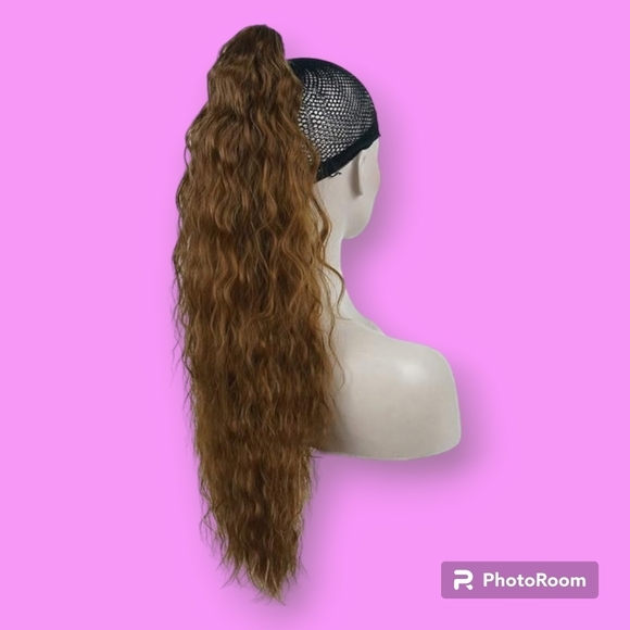 Golden Brown Curly Wavy Yaki Clip In Extensions Ponytail - Picture 1 of 5
